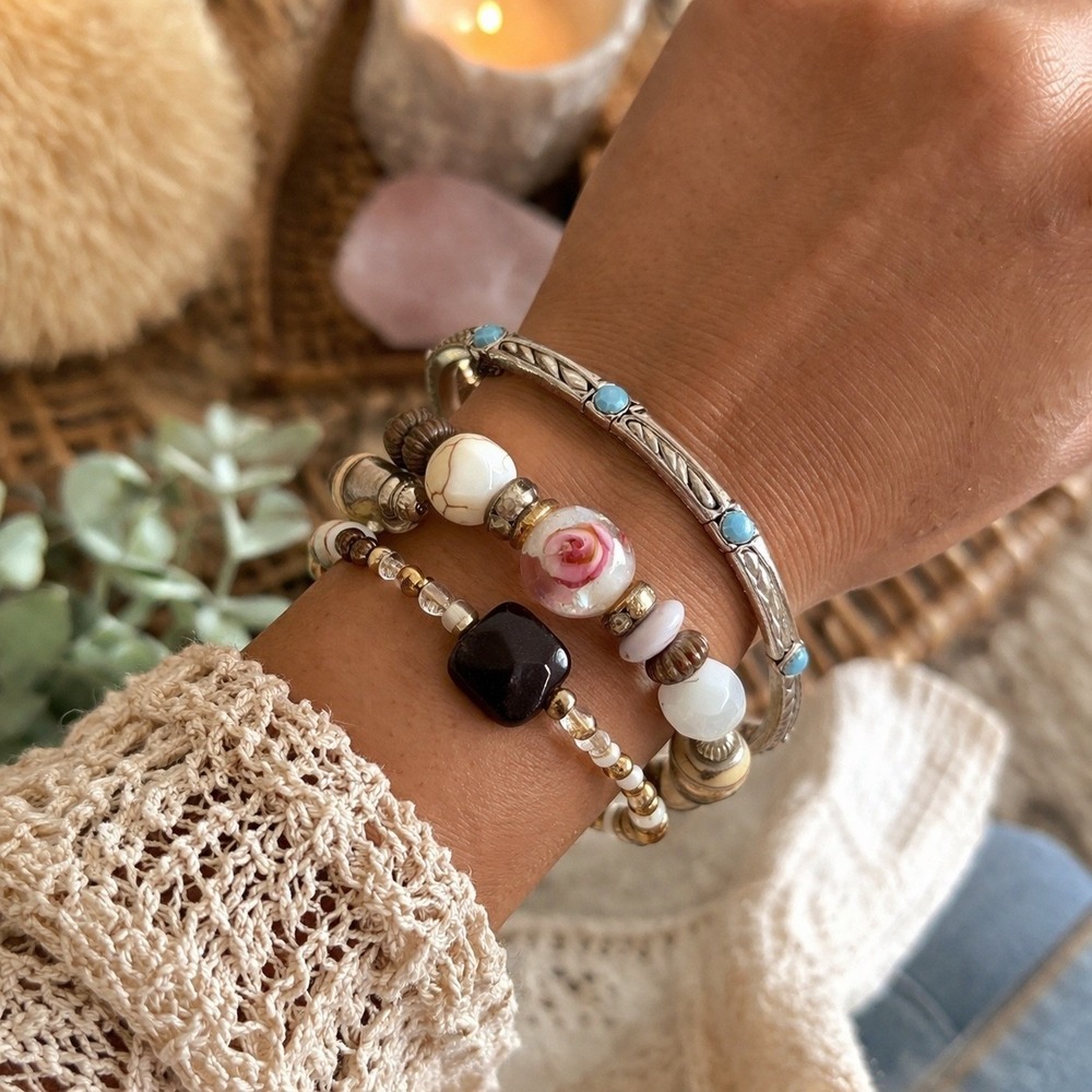 Bracelet Lot 3 Boho Beaded Stretch Glass Lampwork Rose Silver Tone Stack Vintage